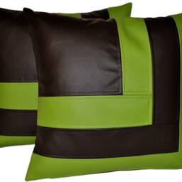 2 Black & Apple Green Faux Leather Cushion Covers Block Style 18 - thumbnail 2