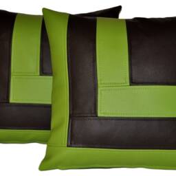 2 Black & Apple Green Faux Leather Cushion Covers Block Style 18 - thumbnail 4