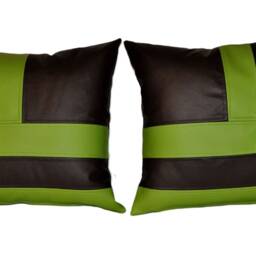 2 Black & Apple Green Faux Leather Cushion Covers Block Style 18 - thumbnail 3