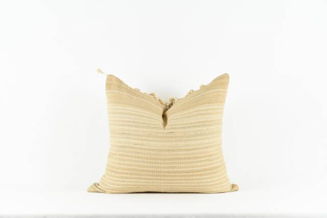Chandler Beige - Beige Silk With Cream Stripe Pom Pillow Cover - image 1