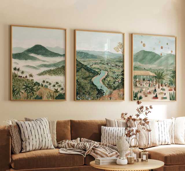Pai Thailand Poster Set Of 3, Vintage Travel Illustration Wall Art, Neutral Landscape Prints, Retro Style - image 1