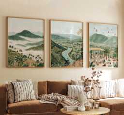 Pai Thailand Poster Set Of 3, Vintage Travel Illustration Wall Art, Neutral Landscape Prints, Retro Style - thumbnail 1
