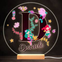 Sealife With Mermaids Alphabet Letter D Round Personalised Gift Lamp Night Light - Bedroom