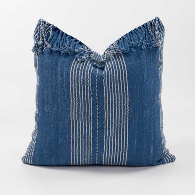 Woven Ethnic Throw Pillow With Tassels, Striped Blue Cotton Cushion - 20x20 - image 1