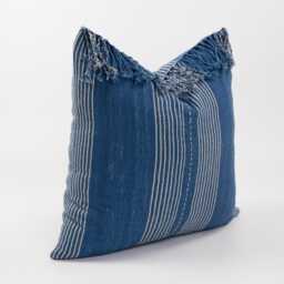 Woven Ethnic Throw Pillow With Tassels, Striped Blue Cotton Cushion - 20x20 - thumbnail 3