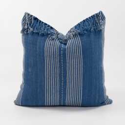 Woven Ethnic Throw Pillow With Tassels, Striped Blue Cotton Cushion - 20x20 - thumbnail 1