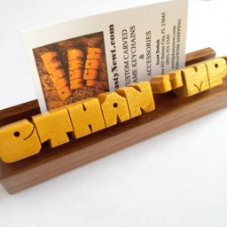 Business Card Holder With Name, Pau Amarello & Walnut Woods, Custom Carved To Order - thumbnail 4