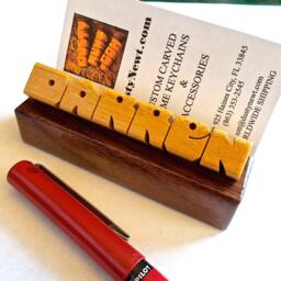 Business Card Holder With Name, Pau Amarello & Walnut Woods, Custom Carved To Order - thumbnail 3