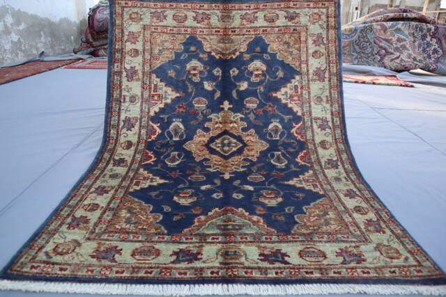 3x4 Navy Blue Afghan Geometric Area Rug Soft Pile Wool Handmade Rug, Oriental Boho Contemporary Door Mat, Bathroom, Home Decor - image 1