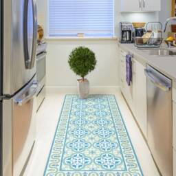 Vinyl Floor Mat, With Tiles in Green & Turquoise. Kitchen Runner Rug, Area Or Door Mat. PVC Mat Linoleum Rug - thumbnail 1
