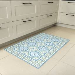 Vinyl Floor Mat, With Tiles in Green & Turquoise. Kitchen Runner Rug, Area Or Door Mat. PVC Mat Linoleum Rug - thumbnail 3