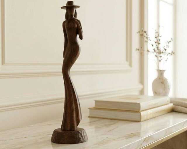 Wood Sculpture Receiving A Compliment Wood Carving Boho Home Decor Girl Statuette - image 1