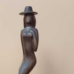 Wood Sculpture Receiving A Compliment Wood Carving Boho Home Decor Girl Statuette - thumbnail 2