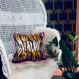 Handmade Hot Pink Velvet Tiger Print Pillow With Fringe - thumbnail 2