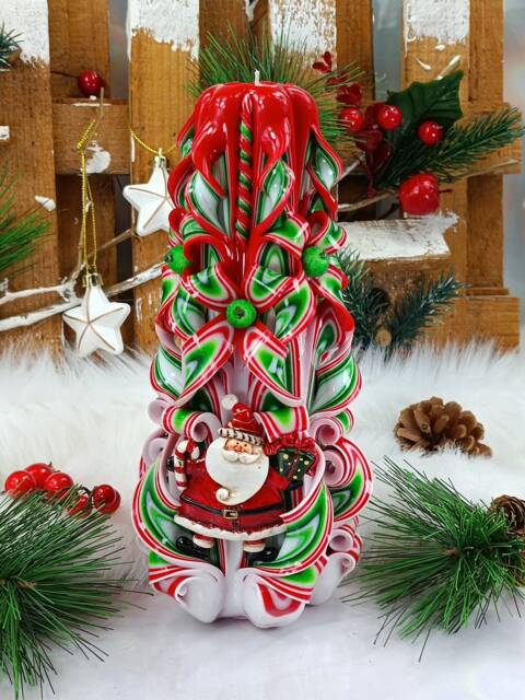 xlarge Colorful & Unique Hand Carved Candle With Santa - Red Christmas Perfect Gift & Decor - image 1