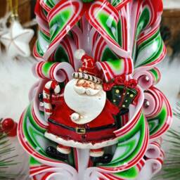 xlarge Colorful & Unique Hand Carved Candle With Santa - Red Christmas Perfect Gift & Decor - thumbnail 2