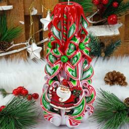 xlarge Colorful & Unique Hand Carved Candle With Santa - Red Christmas Perfect Gift & Decor - thumbnail 3