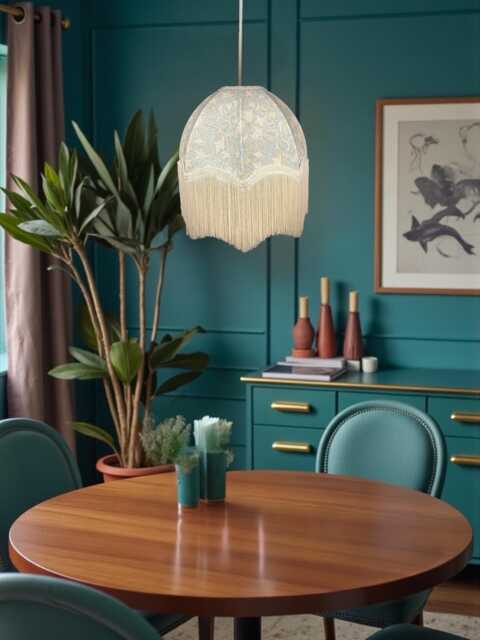 William Morris Scalloped Dome Lampshade Blue Golden Lily Pool Fabric, Cream Fringe - image 1