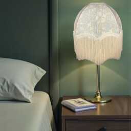 William Morris Scalloped Dome Lampshade Blue Golden Lily Pool Fabric, Cream Fringe - thumbnail 3