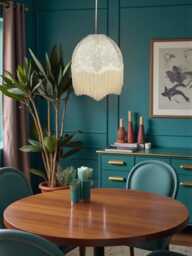 William Morris Scalloped Dome Lampshade Blue Golden Lily Pool Fabric, Cream Fringe - thumbnail 1