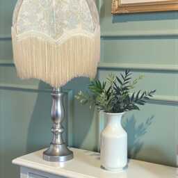William Morris Scalloped Dome Lampshade Blue Golden Lily Pool Fabric, Cream Fringe - thumbnail 2