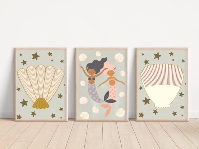 Mermaid & Shell Themed Prints For A Nursery, Little Girls Room Or Playroom. - Prints Only - image 1