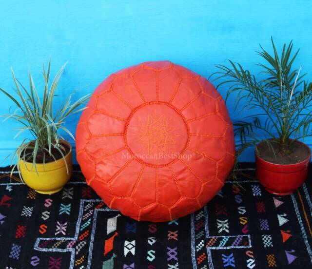 Orange Moroccan Leather Pouf Handmade Ottoman Footstool, Boho Decor - image 1