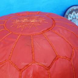 Orange Moroccan Leather Pouf Handmade Ottoman Footstool, Boho Decor - thumbnail 4
