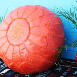 Orange Moroccan Leather Pouf Handmade Ottoman Footstool, Boho Decor - thumbnail 3
