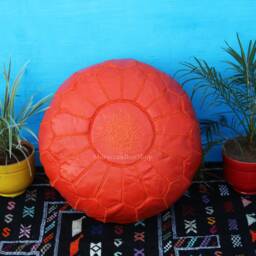 Orange Moroccan Leather Pouf Handmade Ottoman Footstool, Boho Decor - thumbnail 2