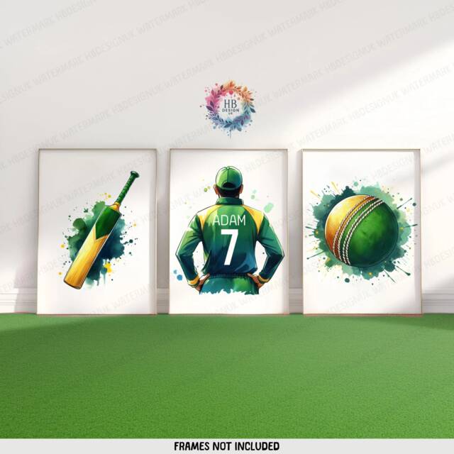 Personalised Cricket Poster Set - 3 Prints - Boys Bedroom Decor Kids Room Wall Art Cricketer Artwork Custom Teen Gifts Green - image 1