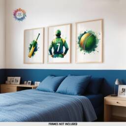 Personalised Cricket Poster Set - 3 Prints - Boys Bedroom Decor Kids Room Wall Art Cricketer Artwork Custom Teen Gifts Green - thumbnail 2