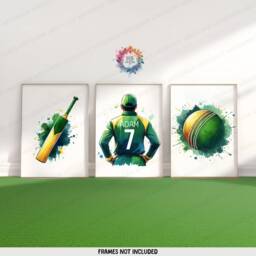 Personalised Cricket Poster Set - 3 Prints - Boys Bedroom Decor Kids Room Wall Art Cricketer Artwork Custom Teen Gifts Green - thumbnail 1
