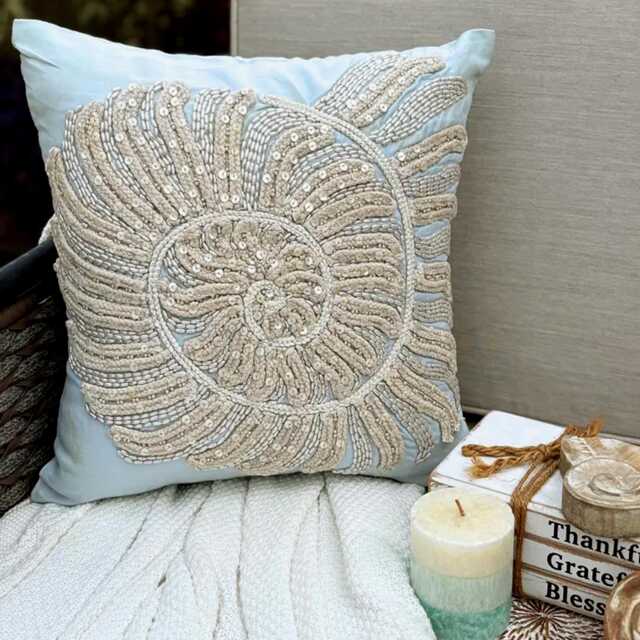 "Light Blue Cotton Linen Lace & Pearl Embroidered Throw Pillow Cover, 16""x16" - image 1