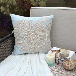 "Light Blue Cotton Linen Lace & Pearl Embroidered Throw Pillow Cover, 16""x16" - thumbnail 2
