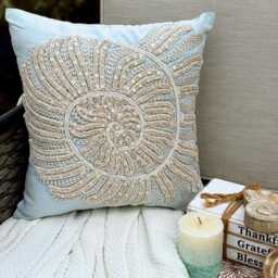 "Light Blue Cotton Linen Lace & Pearl Embroidered Throw Pillow Cover, 16""x16" - thumbnail 1