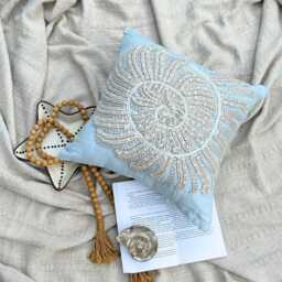 "Light Blue Cotton Linen Lace & Pearl Embroidered Throw Pillow Cover, 16""x16" - thumbnail 3