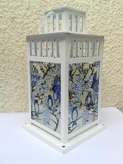 Hand Painted, Blue Birds & Blossom Stained Glass Candle Lantern, Garden Ornament, Home Decor, Unique Gift Idea, Fairy Lights, Led Lamp - image 1