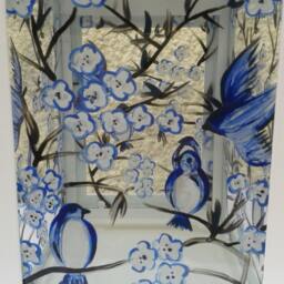Hand Painted, Blue Birds & Blossom Stained Glass Candle Lantern, Garden Ornament, Home Decor, Unique Gift Idea, Fairy Lights, Led Lamp - thumbnail 2