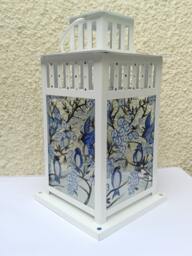 Hand Painted, Blue Birds & Blossom Stained Glass Candle Lantern, Garden Ornament, Home Decor, Unique Gift Idea, Fairy Lights, Led Lamp - thumbnail 1