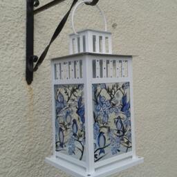 Hand Painted, Blue Birds & Blossom Stained Glass Candle Lantern, Garden Ornament, Home Decor, Unique Gift Idea, Fairy Lights, Led Lamp - thumbnail 3