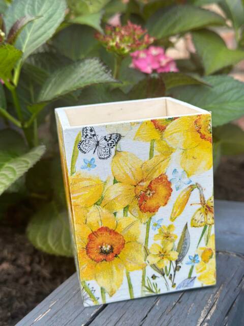 Wooden Pencil/Pen Pot - Yellow Daffodils Decoupage Floral , Makeup Pot Organiser Stationery Organiser - image 1
