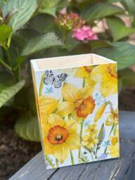 Wooden Pencil/Pen Pot - Yellow Daffodils Decoupage Floral , Makeup Pot Organiser Stationery Organiser - thumbnail 1