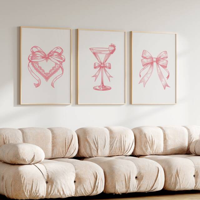 Pink Coquette Set Of 3 Prints - Trendy Girly Bow Posters Preppy Bedroom Decor Heart Ribbon Cocktail Strawberry Wall Art Unframed - image 1