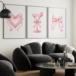 Pink Coquette Set Of 3 Prints - Trendy Girly Bow Posters Preppy Bedroom Decor Heart Ribbon Cocktail Strawberry Wall Art Unframed - thumbnail 3
