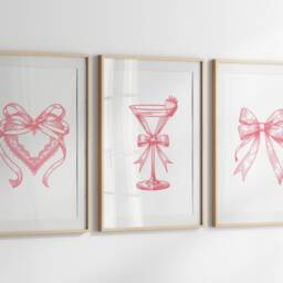 Pink Coquette Set Of 3 Prints - Trendy Girly Bow Posters Preppy Bedroom Decor Heart Ribbon Cocktail Strawberry Wall Art Unframed - thumbnail 2