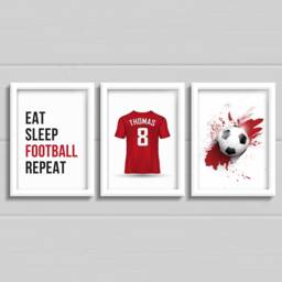 Set Of 3 Personalised Football Boys Bedroom Wall Art, Any Colour Shirt Prints With Name, Eat Sleep Repeat - thumbnail 1