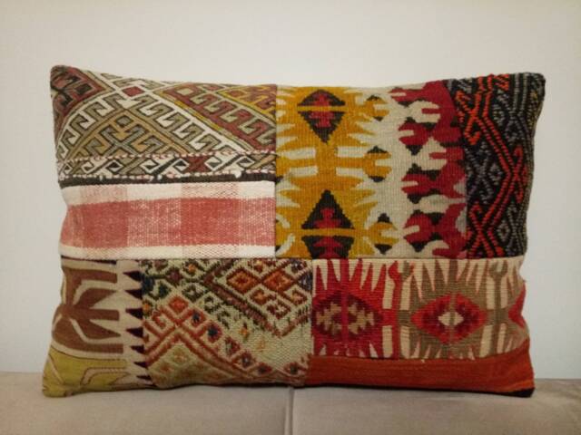 Patchwork Kilim Pillow 16x24 Inches Lumbar Turkish Patchwork Pillow Sofa Cover Rug Home Design - image 1