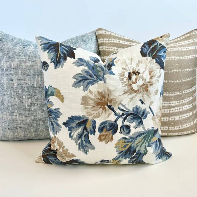 Blue, Gold, Teal, Beige & White Linen Floral Decorative Throw Pillow Cover - image 1