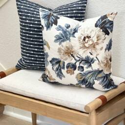 Blue, Gold, Teal, Beige & White Linen Floral Decorative Throw Pillow Cover - thumbnail 3
